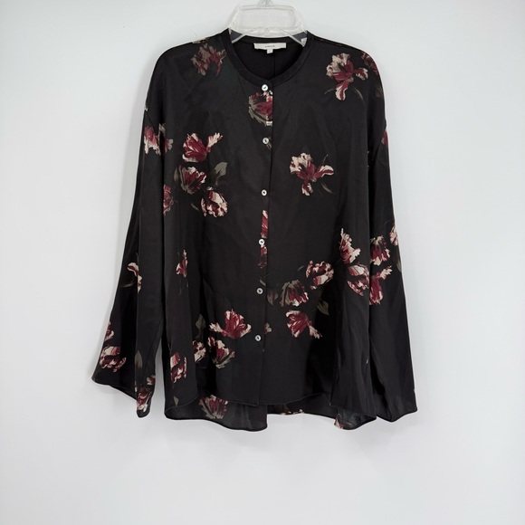 Vince 100% Silk Women's Black Floral Button Down Shirt Size Small Collarless - Picture 11 of 11